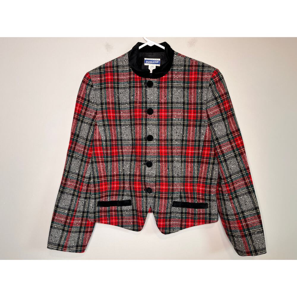 1980s Pendleton Red Green Christmas Tartan Wool Velvet Twee Coquette Blazer L